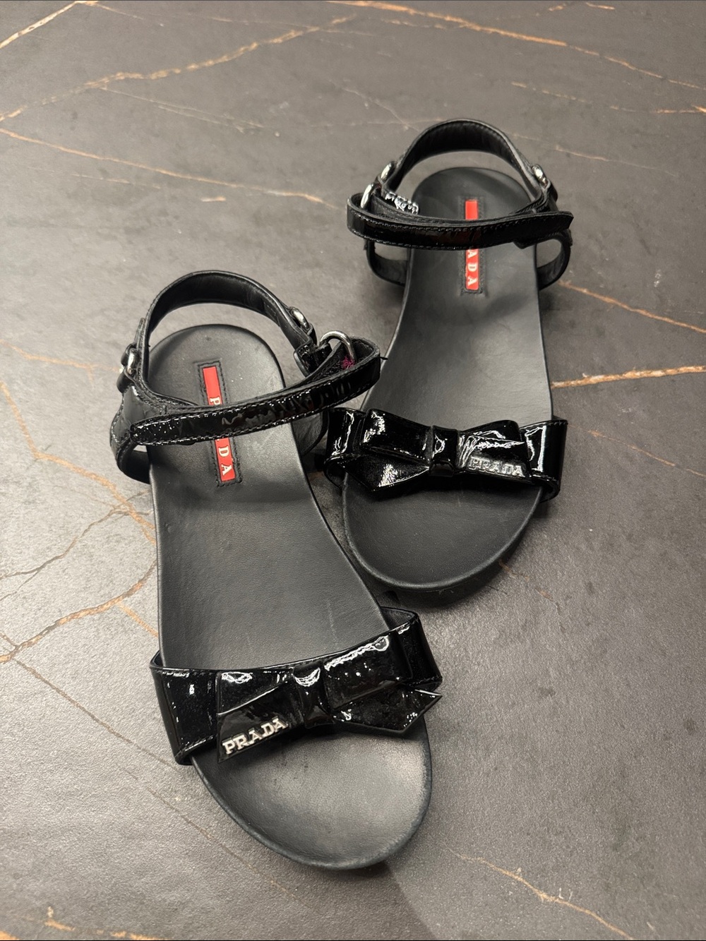 Prada Black Patent Bow Strap Sandals